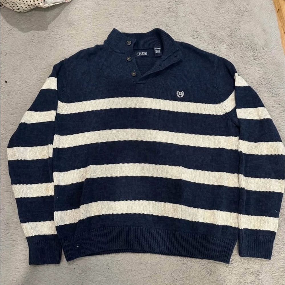 Chaps Men's Sweater in Navy and Cream Stripes